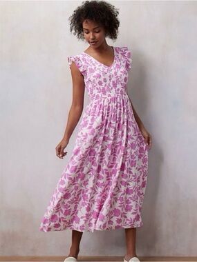 LC Lauren Conrad Pink Floral Midi Dress with V-Neck Size L